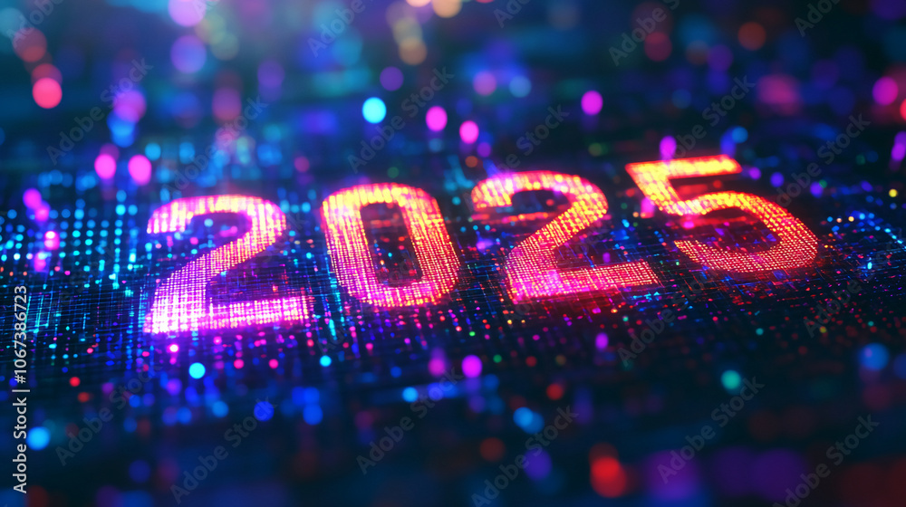 Poster the year 2025 is displayed in a digital format with a bright, colorful light display