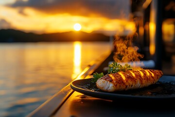 Grilled barramundi, Great Barrier Reef backdrop