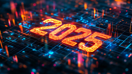The year 2023 is illuminated in bright orange, set against a backdrop of blue and red digital lines