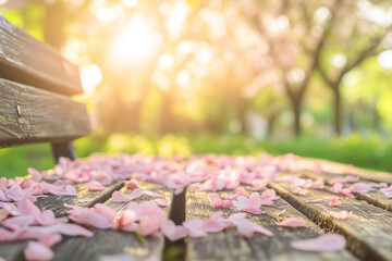 Sakura petals scattered on a wooden bench