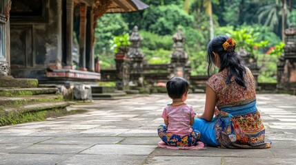 Fototapeta premium A Bond as Strong as the Islands:An Indonesian Mother and Child Share a Heartfelt Moment.Concept of motherhood,Indonesian Mother's Day,family bond,love,care,Indonesian culture,tradition,and heritage.
