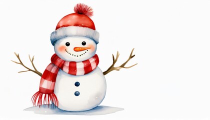 Fototapeta premium Watercolor painting of a cheerful snowman wearing a red hat and scarf, celebrating the winter season