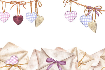 Envelopes open and closed beige. With a garland of hearts fabric and wood. Hand-drawn watercolor illustration. Seamless isolated pattern, banner, frame. For design, decor, cards