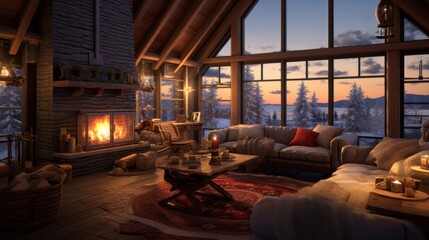 Fototapeta premium Cozy Winter Cabin Interior with Fireplace, Christmas Tree, and Large Windows Overlooking Snowy Mountain Landscape – Perfect Holiday Ambience and Rustic Decor