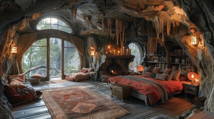 Fototapeta premium Cozy Winter Cabin Interior with Fireplace and Candlelit Christmas Decorations Overlooking Snow-Covered Mountain Landscape Through Rustic Window at Sunset, for lof-fi music