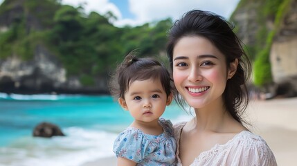 Indonesian Mother and Child in Paradise on a Pristine Beach.
Concept of family, love, motherhood,tropical paradise,vacation,Indonesian Mother's Day.