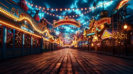 Experience the enchantment of a vibrant nighttime carnival filled with colorful lights and joyful atmosphere