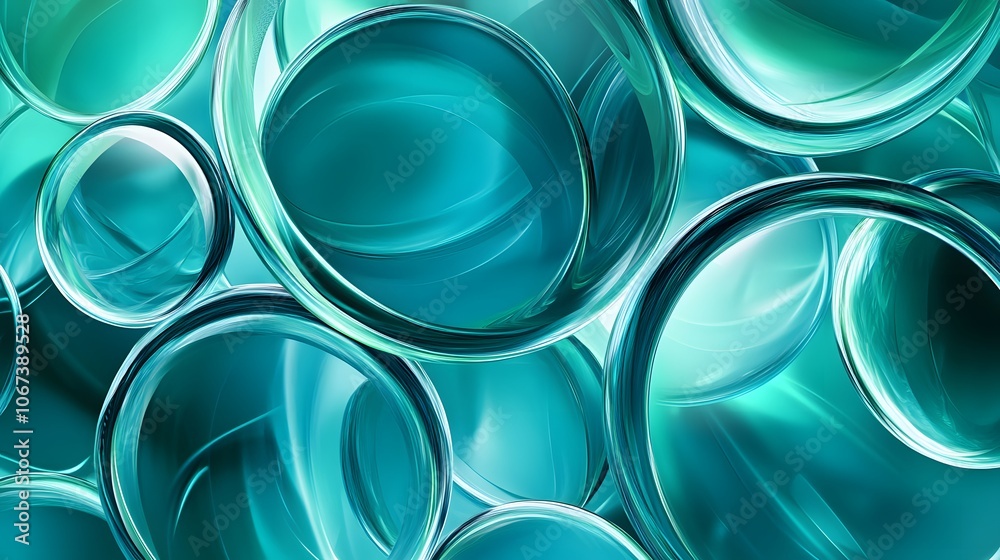 Poster Abstract digital art featuring overlapping translucent circles in shades of blue and green, symbolizing clean water and environmental harmony, 4k resolution