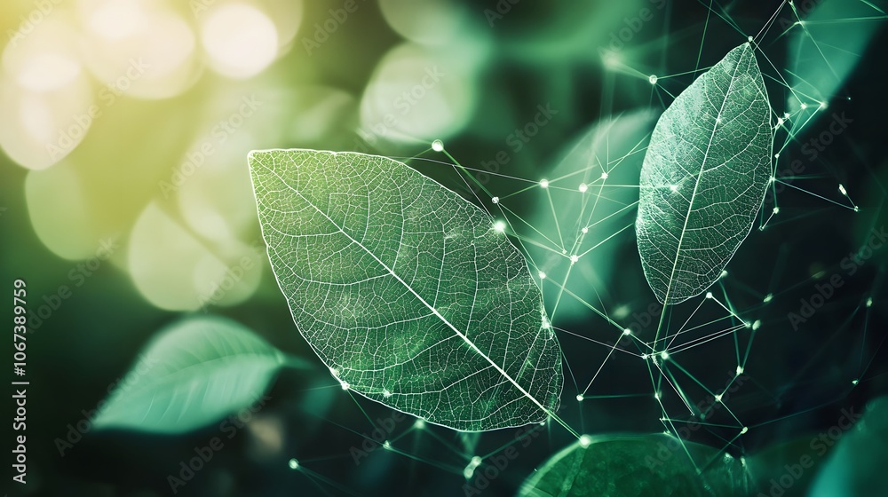 Poster artistic depiction of interconnected leaf shapes in various shades of green, representing the intric