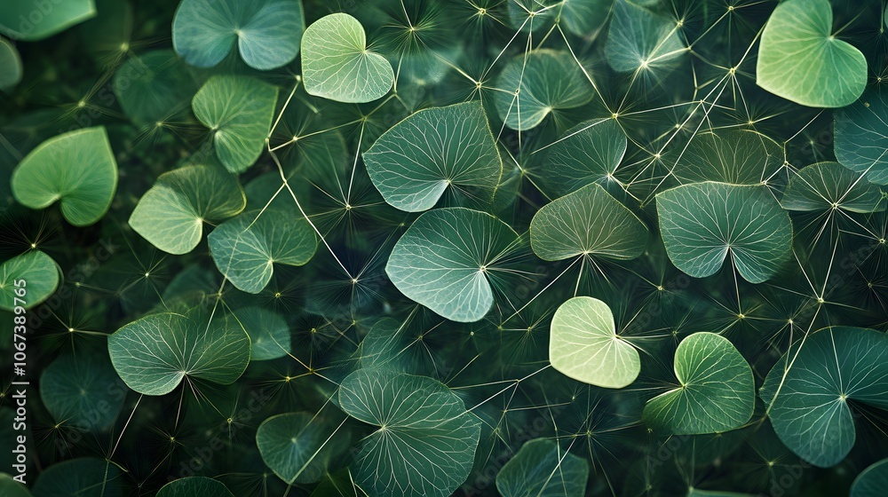 Poster artistic depiction of interconnected leaf shapes in various shades of green, representing the intric