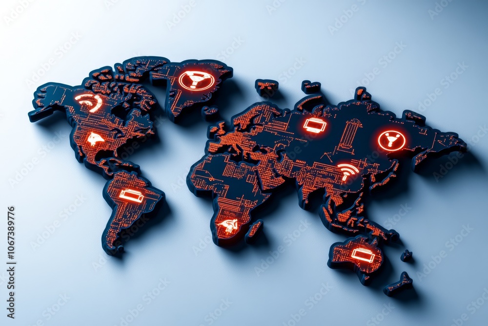 Poster 2d illustration of a digital world map with cyber threat icons, set on a clean white background for 