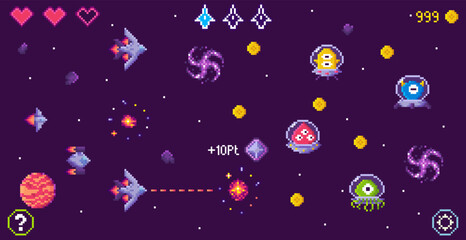 Spaceships battle alien creatures in deep space with stars, planets, and swirling galaxies. Ideal for video games, retro themes, sci-fi, pixel art, and digital entertainment. Fun and vibrant © robu_s