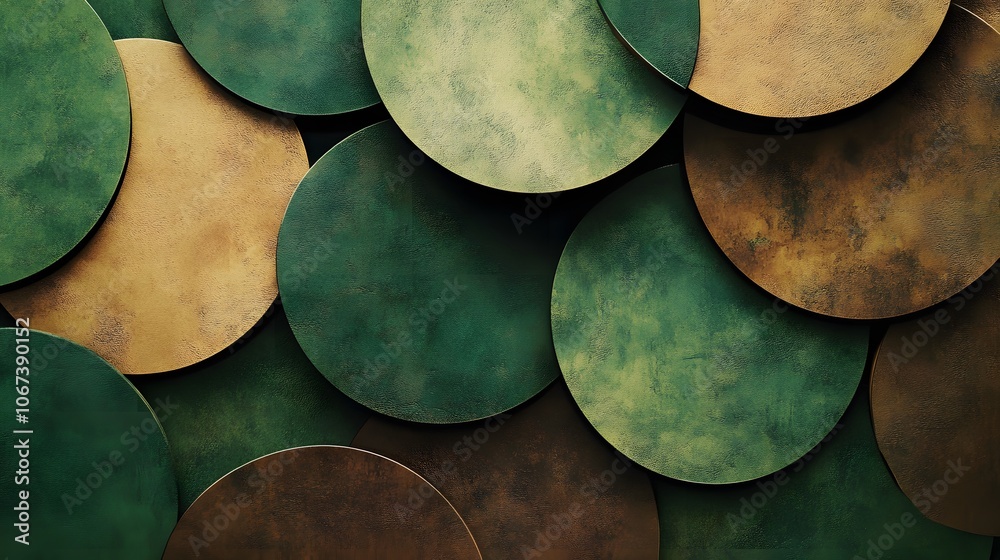 Poster circular shapes overlapping in earthy green and brown tones, symbolizing renewable resources and eco