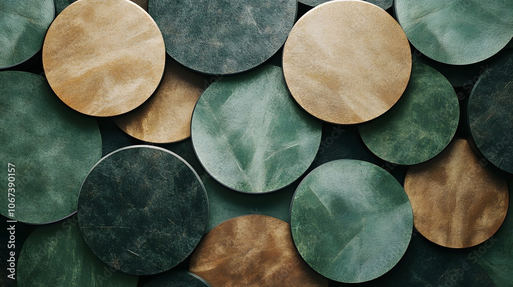 Poster circular shapes overlapping in earthy green and brown tones, symbolizing renewable resources and eco