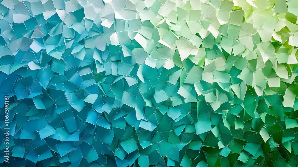 Aufkleber Abstract pattern of small geometric shapes arranged in a gradient from green to blue, symbolizing sustainable practices across land and sea, 4k resolution