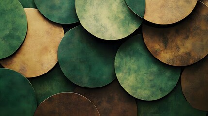 Circular shapes overlapping in earthy green and brown tones, symbolizing renewable resources and ecological balance, 4k resolution