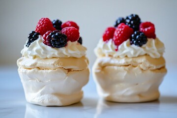 Close-up of Delicate Raspberry Meringue Desserts with Whipped Cream and Fresh Berries