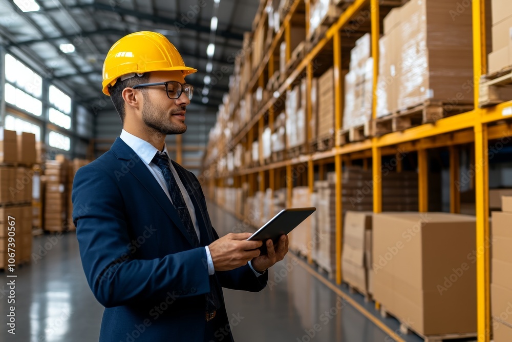 Poster a business analyst reviewing customer demand data on a tablet while overseeing a production floor, s