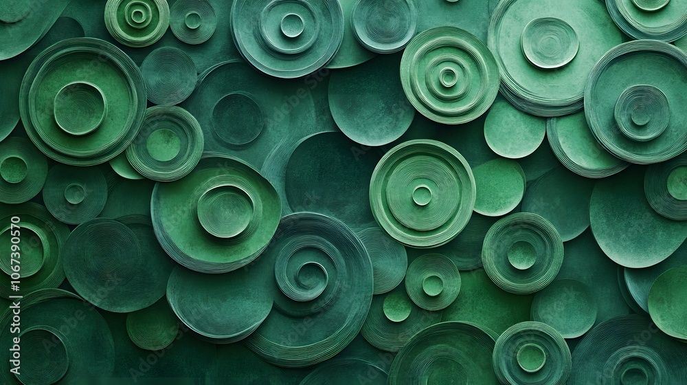 Poster A pattern of spirals and circles in shades of green, symbolizing continuous growth and the circular economy, 4k resolution