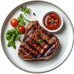 Perfectly Cooked Steak with Juicy, Tender Texture, Garnishes, and Sauce on Stylish Plate, Isolated on White