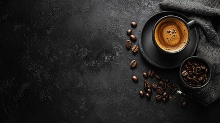 Black espresso cup with coffee beans on dark textured background