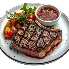 Perfectly Cooked Steak with Juicy, Tender Texture, Garnishes, and Sauce on Stylish Plate, Isolated on White