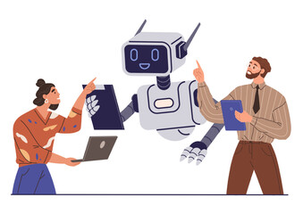 A robot interacts with two people holding devices and pointing. Ideal for teamwork technology collaboration innovation workplace automation AI futuristic business digital solutions human-robot
