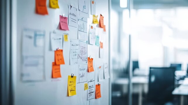 Enhance your project management skills by organizing ideas with sticky notes on a whiteboard