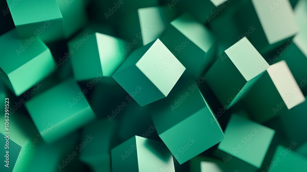 Poster Abstract geometric shapes arranged in a continuous loop, with gradients from dark to light green, symbolizing resource recycling, 4k resolution