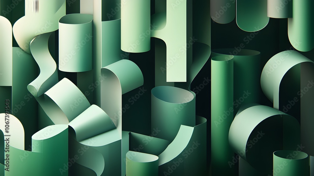 Poster Abstract geometric shapes arranged in a continuous loop, with gradients from dark to light green, symbolizing resource recycling, 4k resolution
