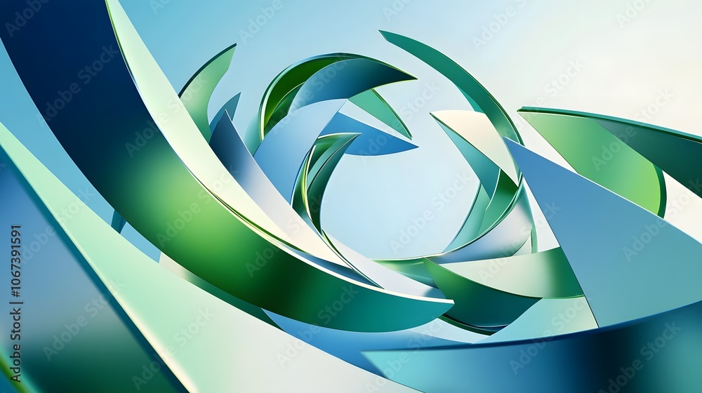 Poster Modern design of arrows and loops in shades of green and blue, forming a continuous flow that represents sustainability, 4k resolution