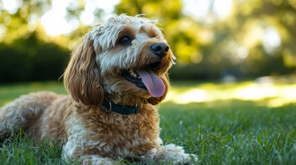 A happy dog with a collar is lying in a field of green grass, enjoying the beautiful day. The dog's tongue is out and its eyes are bright, showing its playful and friendly personality.