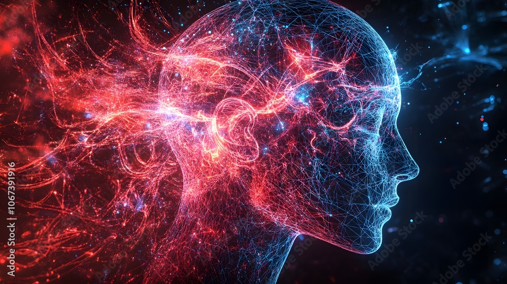 Poster Conceptual digital art of a fearless AI algorithm, with bold, intersecting lines and geometric patterns representing complex decision-making, 4k resolution