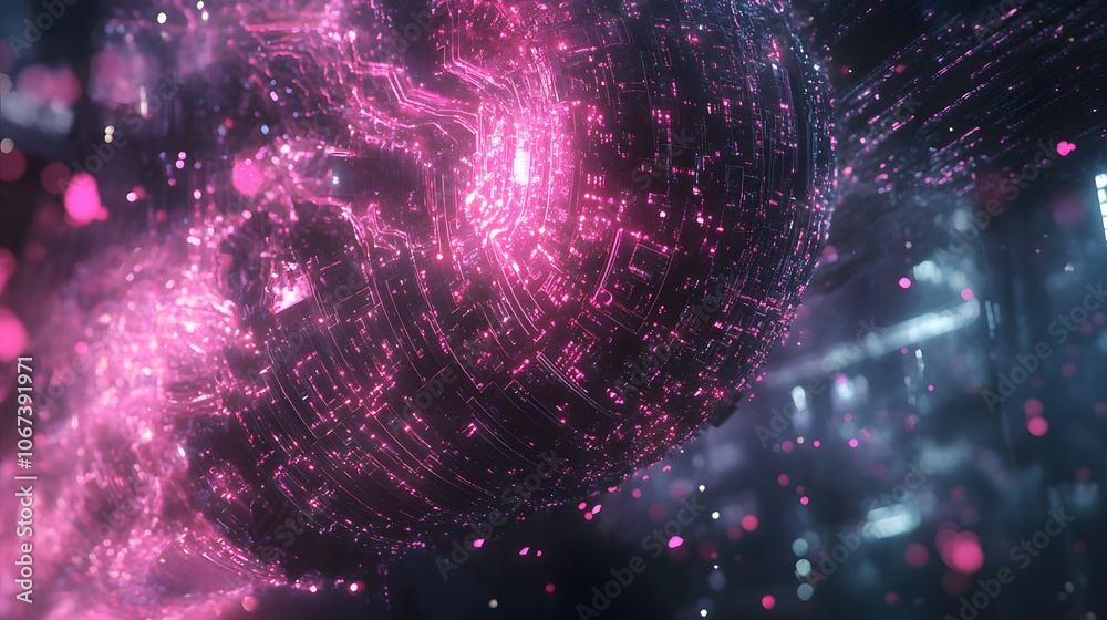 Poster Digital art showing the architecture of a fearless AI algorithm, with luminous nodes and circuits spreading outwards, representing fearless exploration of data, 4k resolution