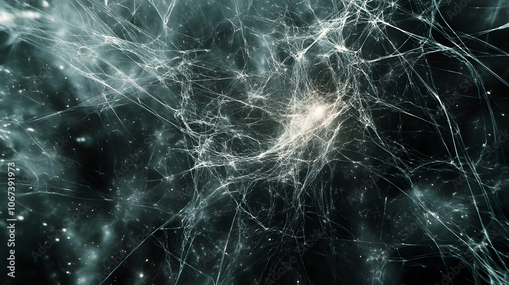 Poster Abstract representation of an AI algorithm as a web of dynamic connections, with pulsing light effects indicating active data processing, 4k resolution