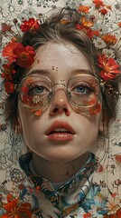 Obraz premium Close-up Portrait of a Woman with Flowers in Her Hair and Glasses