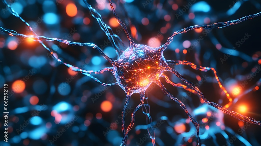 Poster Abstract image showing the structure of an AI algorithm with bold lines and neon highlights, representing fearless, robust processing power, 4k resolution