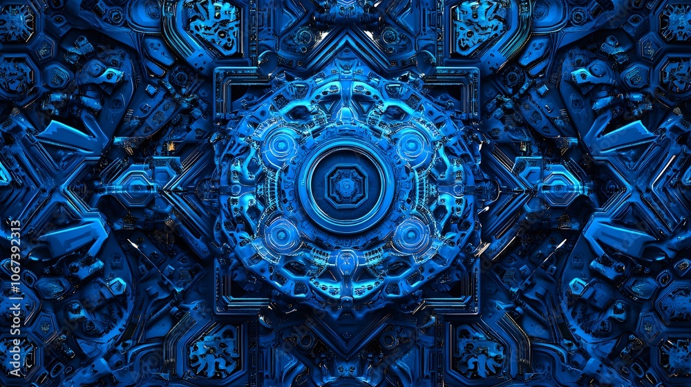 Poster Abstract geometric pattern of an AI algorithm in shades of blue and black, symbolizing precise, fearless machine learning, 4k resolution