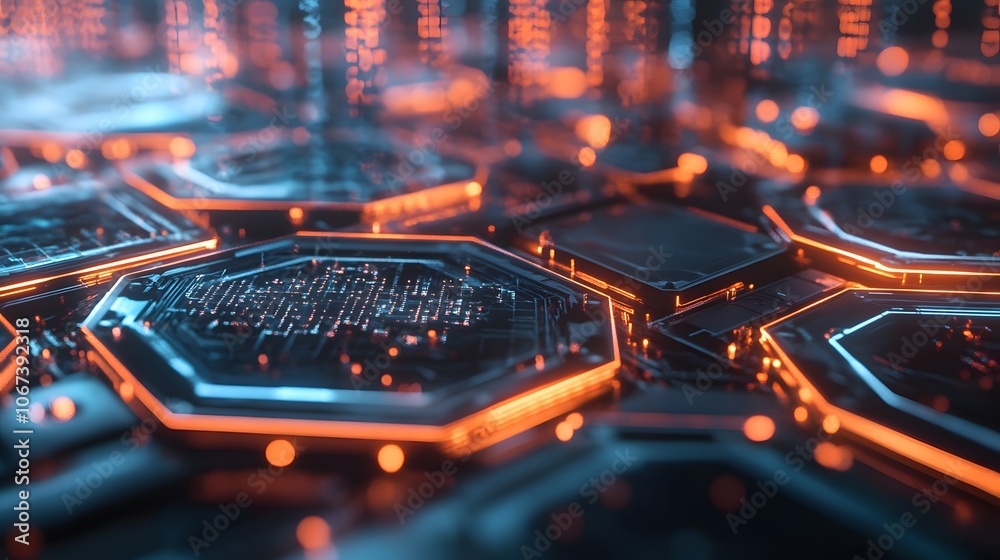 Fototapete Illustration of a fearless AI algorithm with overlapping hexagonal shapes, representing layers of security and complexity, 4k resolution