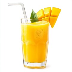 Refreshing Indonesian Mango or Orange Juice with Fruit Slice and Straw, Isolated on White