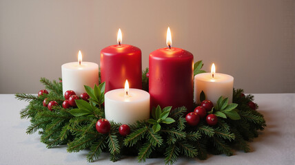 Advent wreath with red and white candles on green base