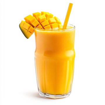Refreshing Indonesian Mango or Orange Juice with Fruit Slice and Straw, Isolated on White