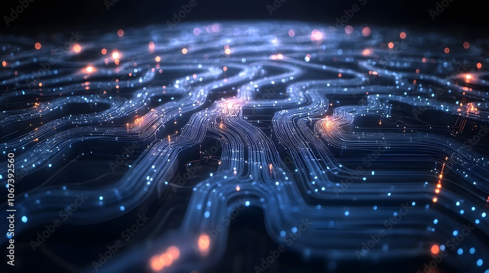 Poster Digital image of intricate, interconnected circuits forming a fearless AI network, representing the processing of vast, complex information, 4k resolution