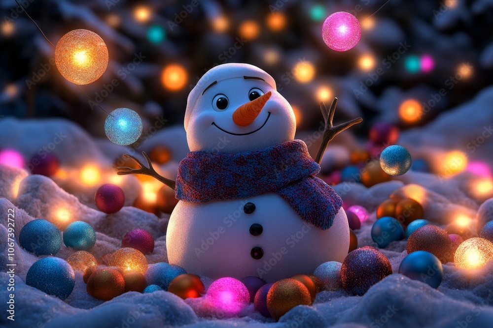 Poster a fantasy snowman with colorful, floating ornaments around it and shimmering frost on its scarf, set