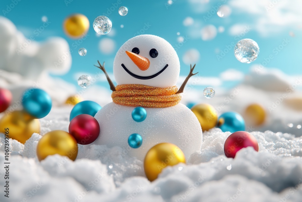 Poster a fantasy snowman with colorful, floating ornaments around it and shimmering frost on its scarf, set