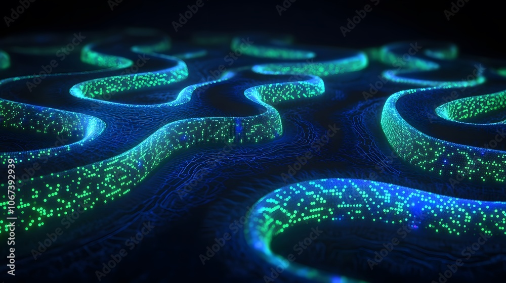 Poster Illustration of confident AI pathways with blue and green highlights, symbolizing adaptive and fearless data processing, 4k resolution