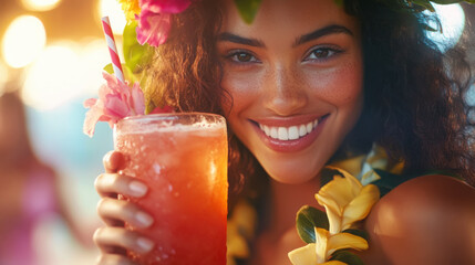 Tropical vibes: close-up of a model with floral lei enjoying a refreshing drink