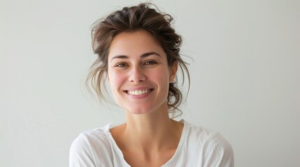 Naklejka premium Smiling Woman Portrait: Joyful Expression and Natural Beauty