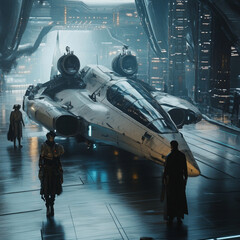 "Pirates in the future, navigating the stars aboard a sleek, futuristic vessel, hunting for treasures beyond Earth."