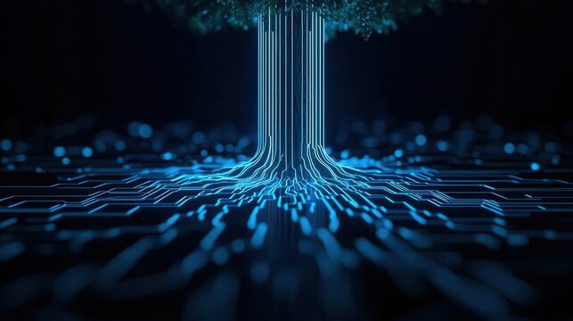 Roots of a tree merging with circuitry, glowing underground, symbolizing connection of tech to natural life